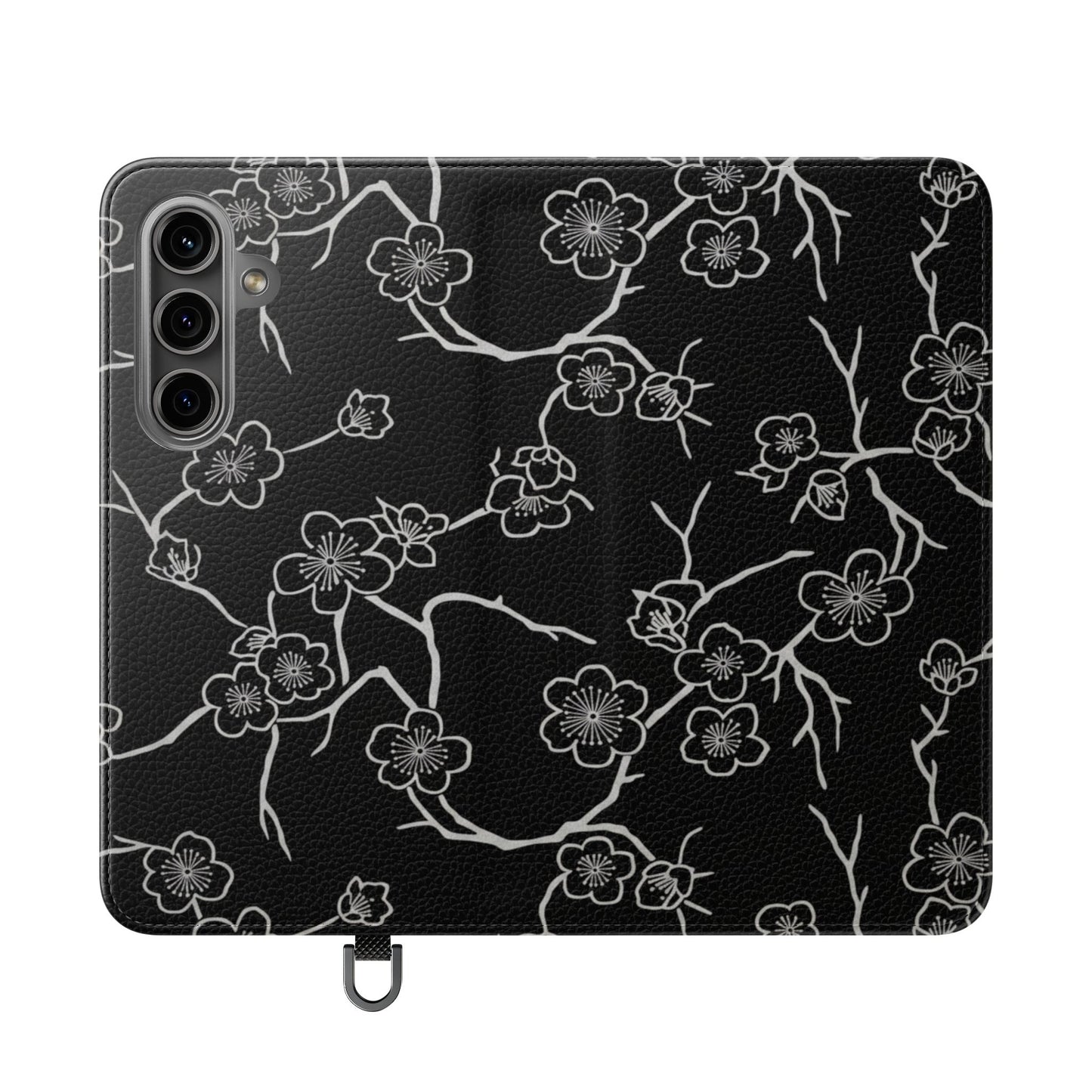 Black Cherry Blossom Flip Phone Case – Floral Wallet Flip Case with Card Slots