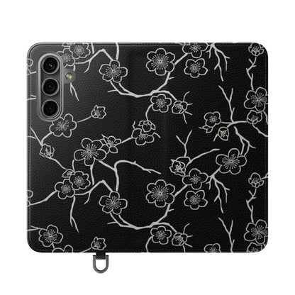 Black Cherry Blossom Flip Phone Case – Floral Wallet Flip Case with Card Slots