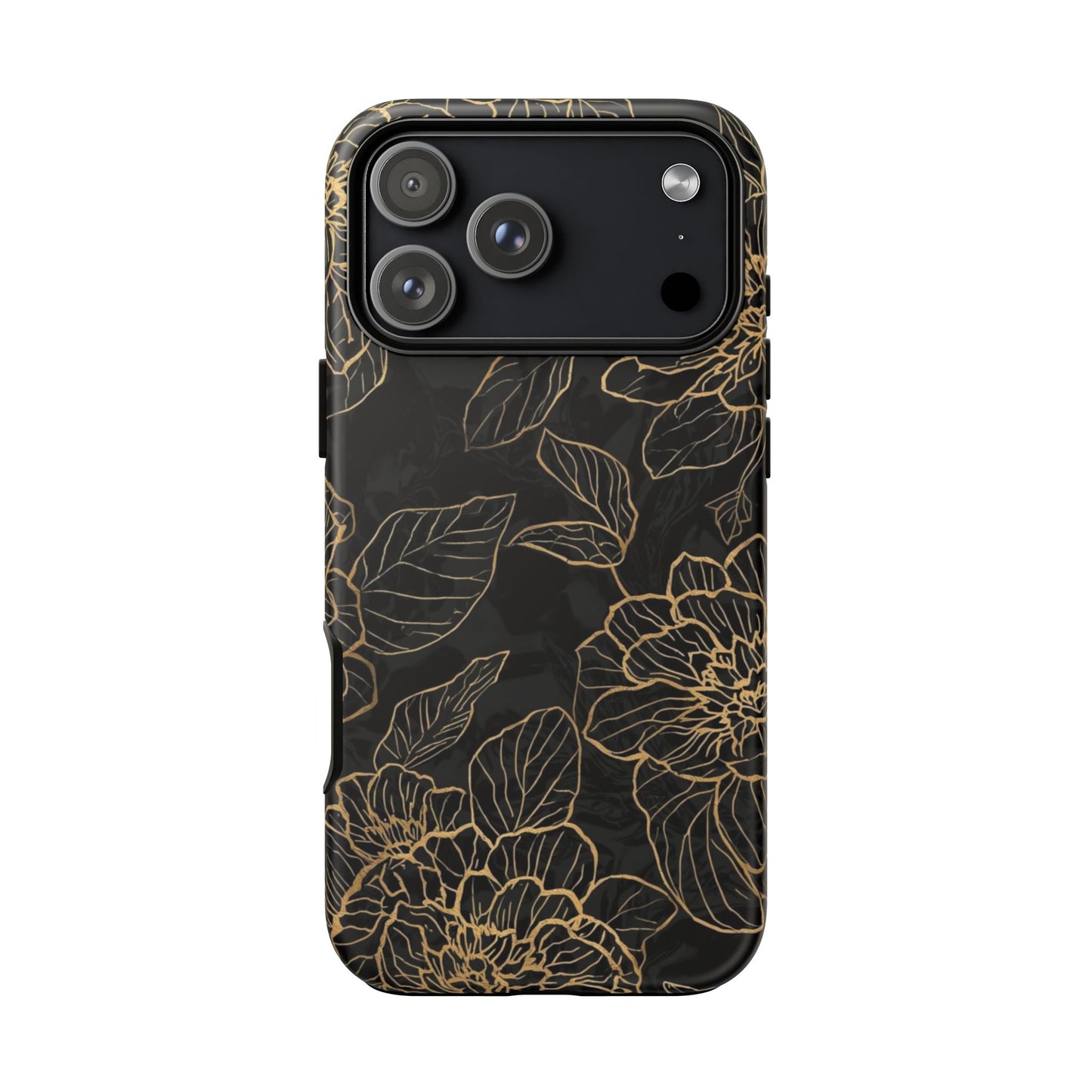 Floral Gold Outline Tough Phone Case – Black Botanical Protective Cover