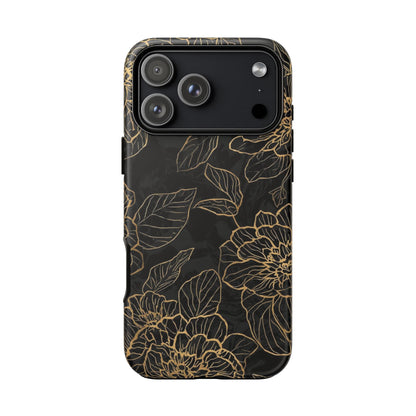 Floral Gold Outline Tough Phone Case – Black Botanical Protective Cover
