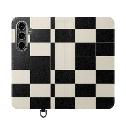 Checkered Flip Phone Case – Black & Cream Retro Grid Wallet Case
