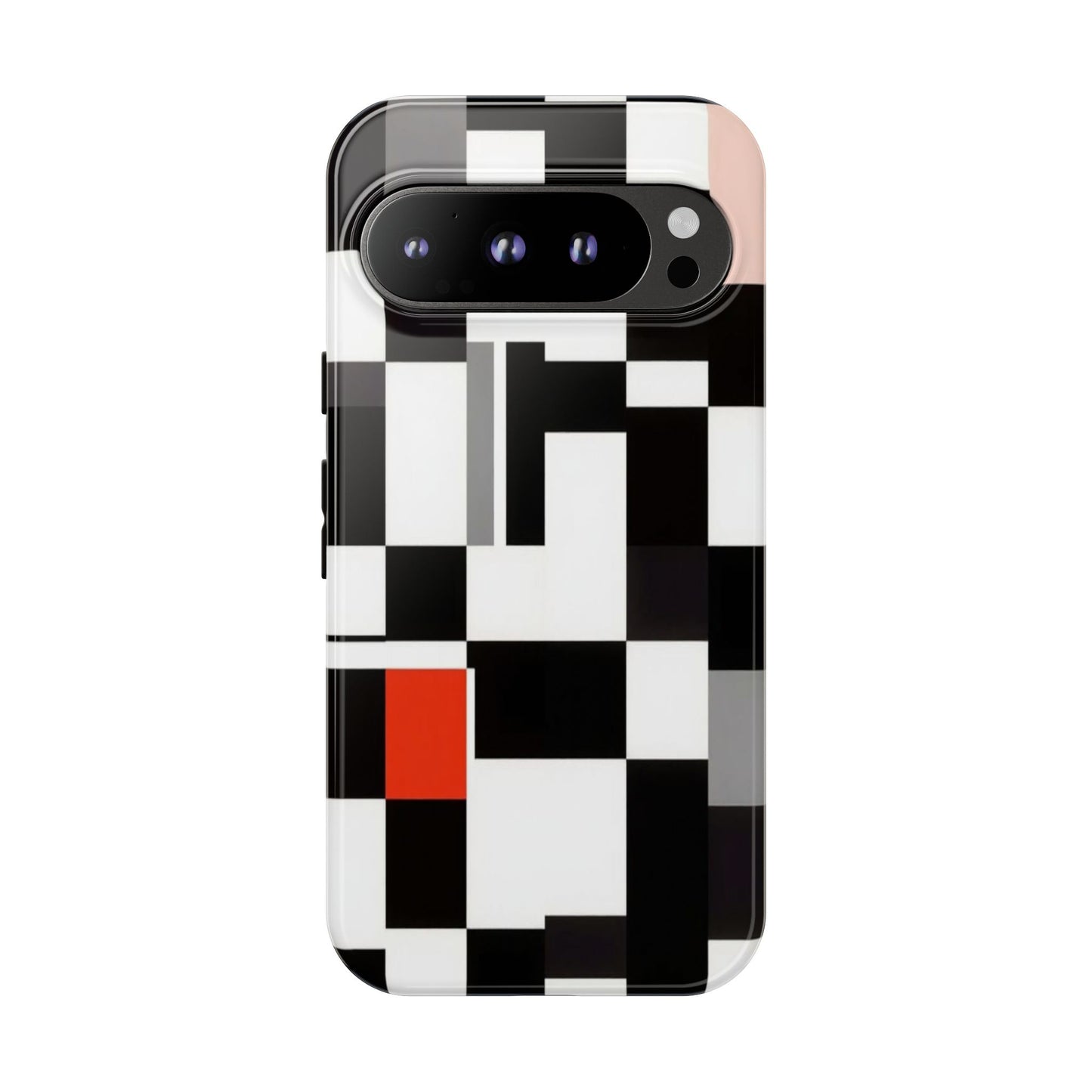 Abstract Geometric Phone Case – Black & White Checker Grid with Red Accent
