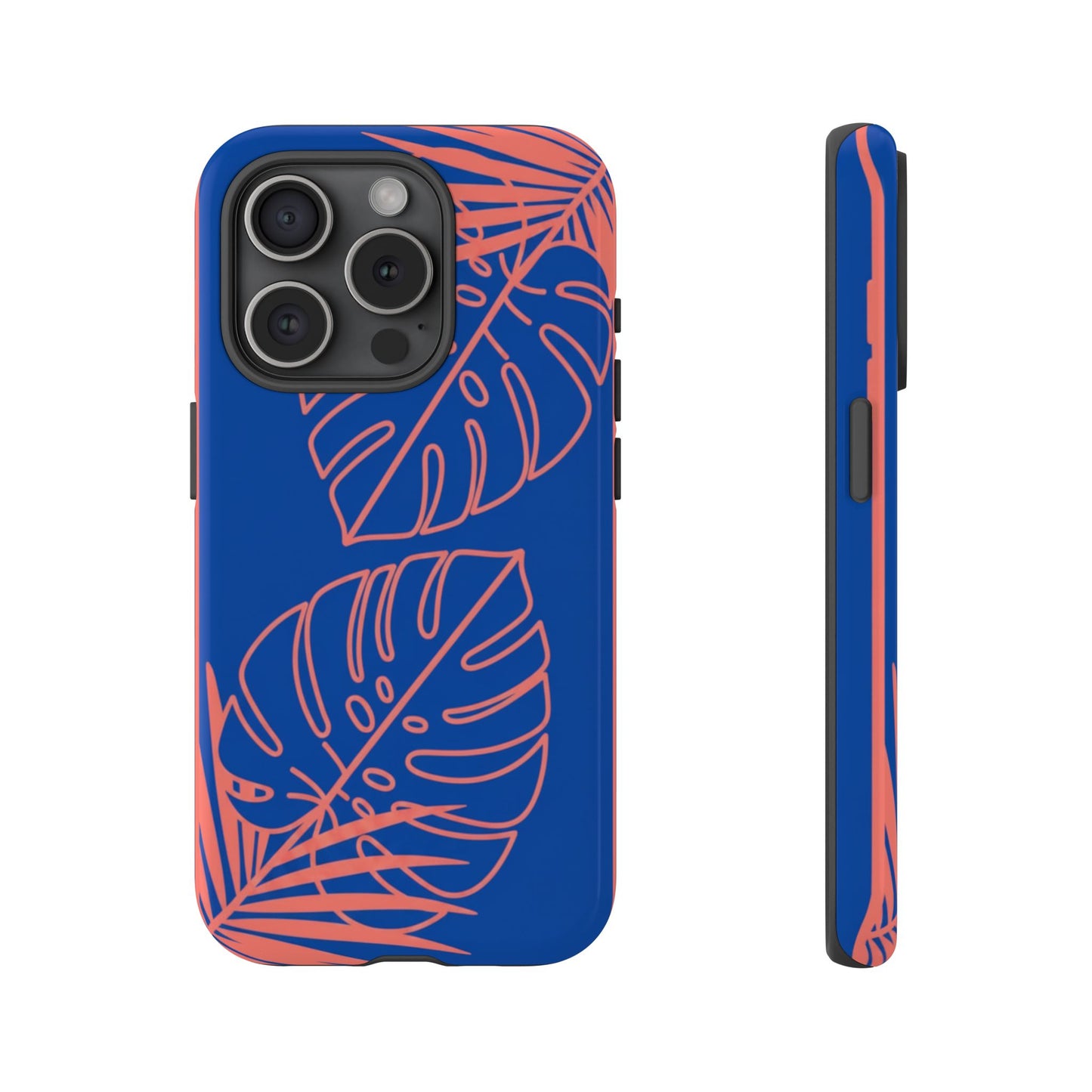 Tropical Monstera Phone Case — Blue & Coral Leaf Protective Cover