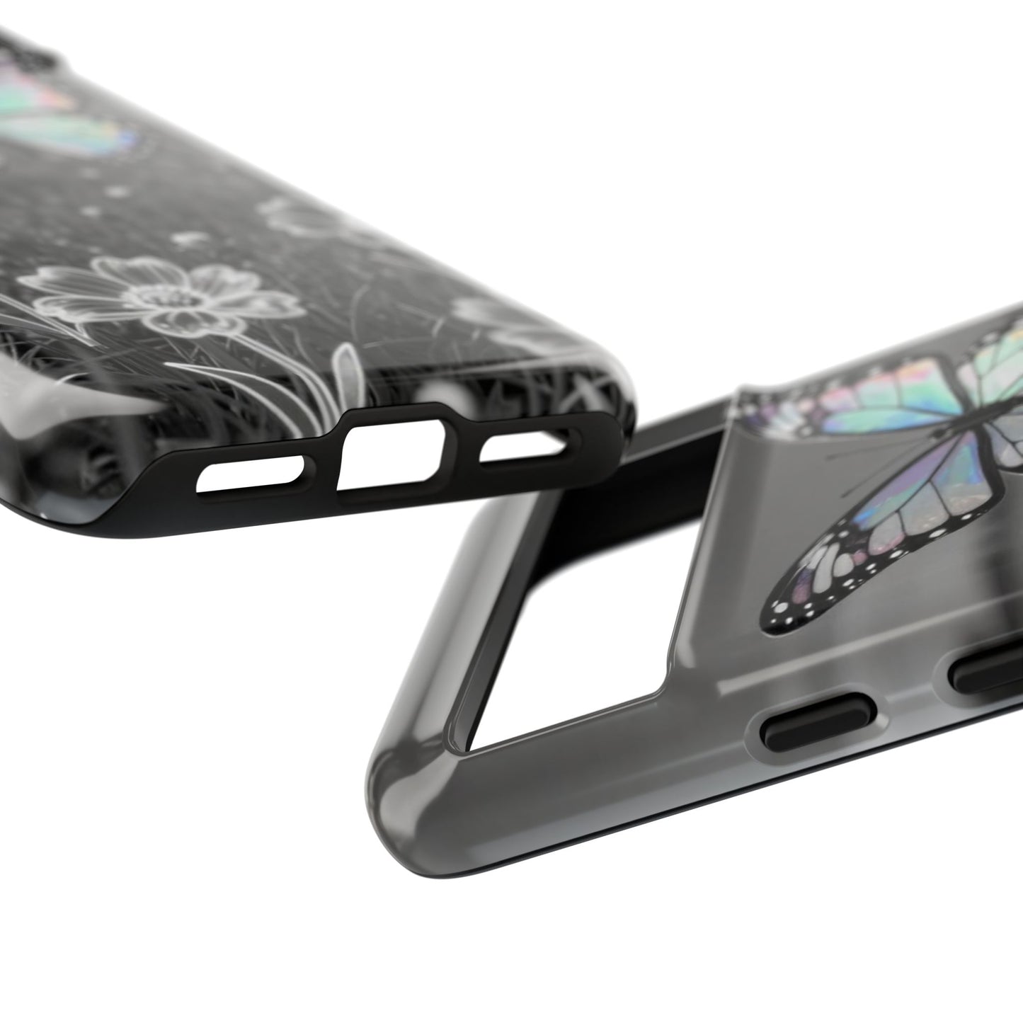 Butterfly Field Tough Phone Case — Pastel Holographic Butterfly on Black & White Floral Background