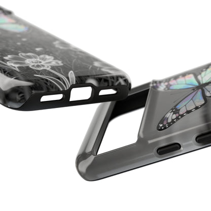 Butterfly Field Tough Phone Case — Pastel Holographic Butterfly on Black & White Floral Background
