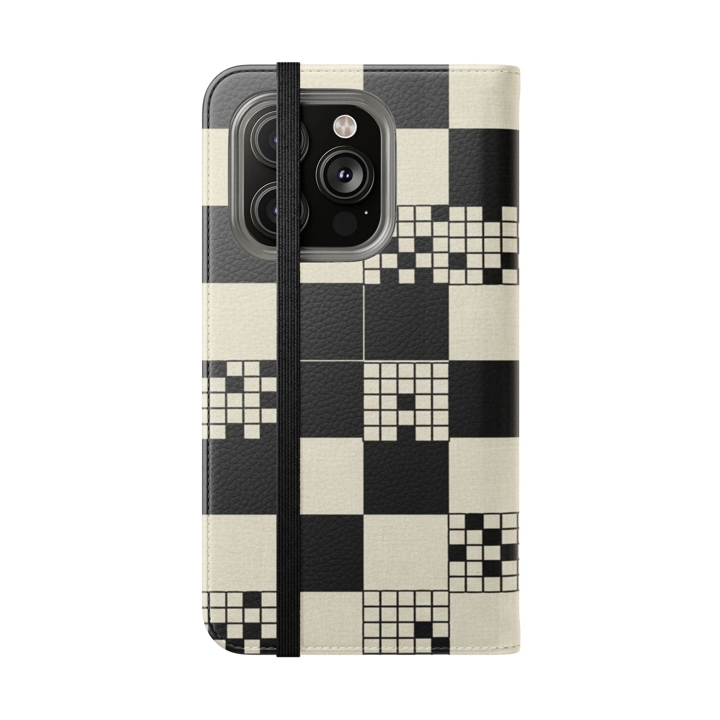 Checkerboard Flip Phone Case – Retro Black & Cream Geometric Wallet Case