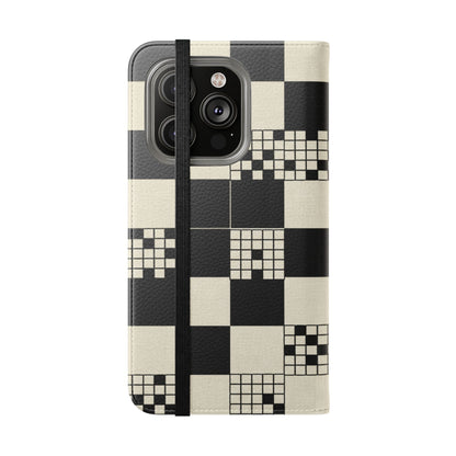 Checkerboard Flip Phone Case – Retro Black & Cream Geometric Wallet Case