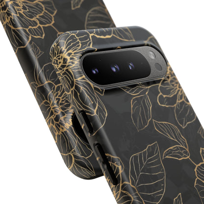 Floral Gold Outline Tough Phone Case – Black Botanical Protective Cover