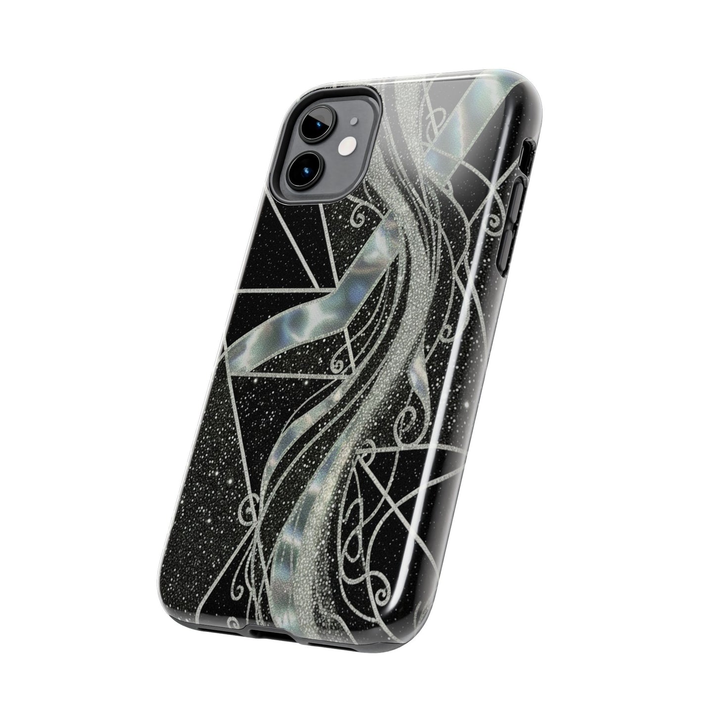 Geometry Tough Phone Case — Iridescent Ribbon on Black Celestial Background
