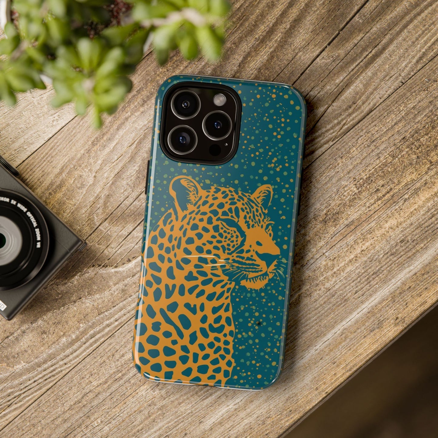 Leopard Spotlight Phone Case — Teal Gold Animal Print Protective Cover