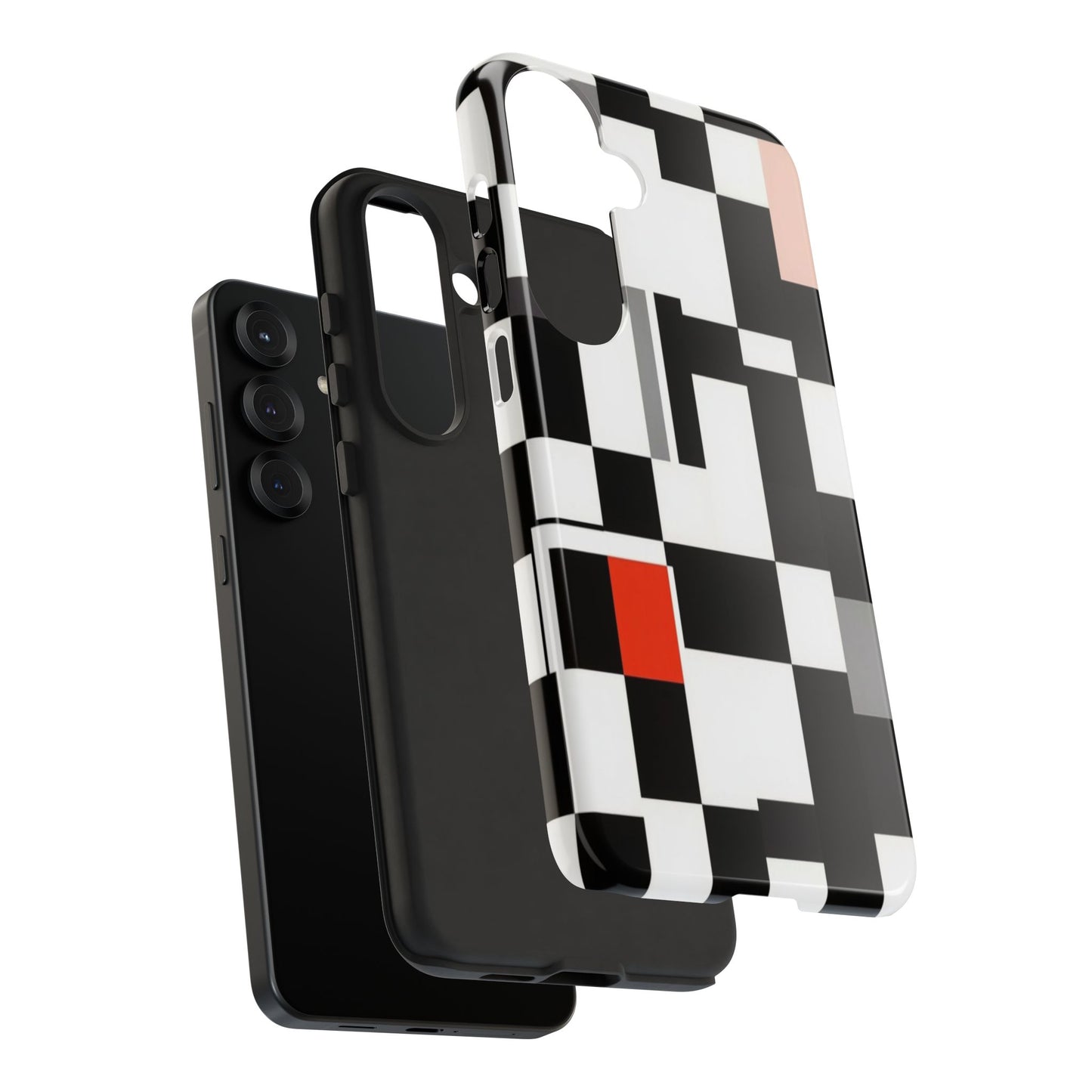 Abstract Geometric Phone Case – Black & White Checker Grid with Red Accent
