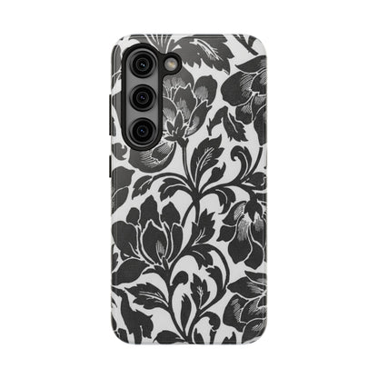 Tough Phone Case — Black & White Vintage Floral Protective Cover