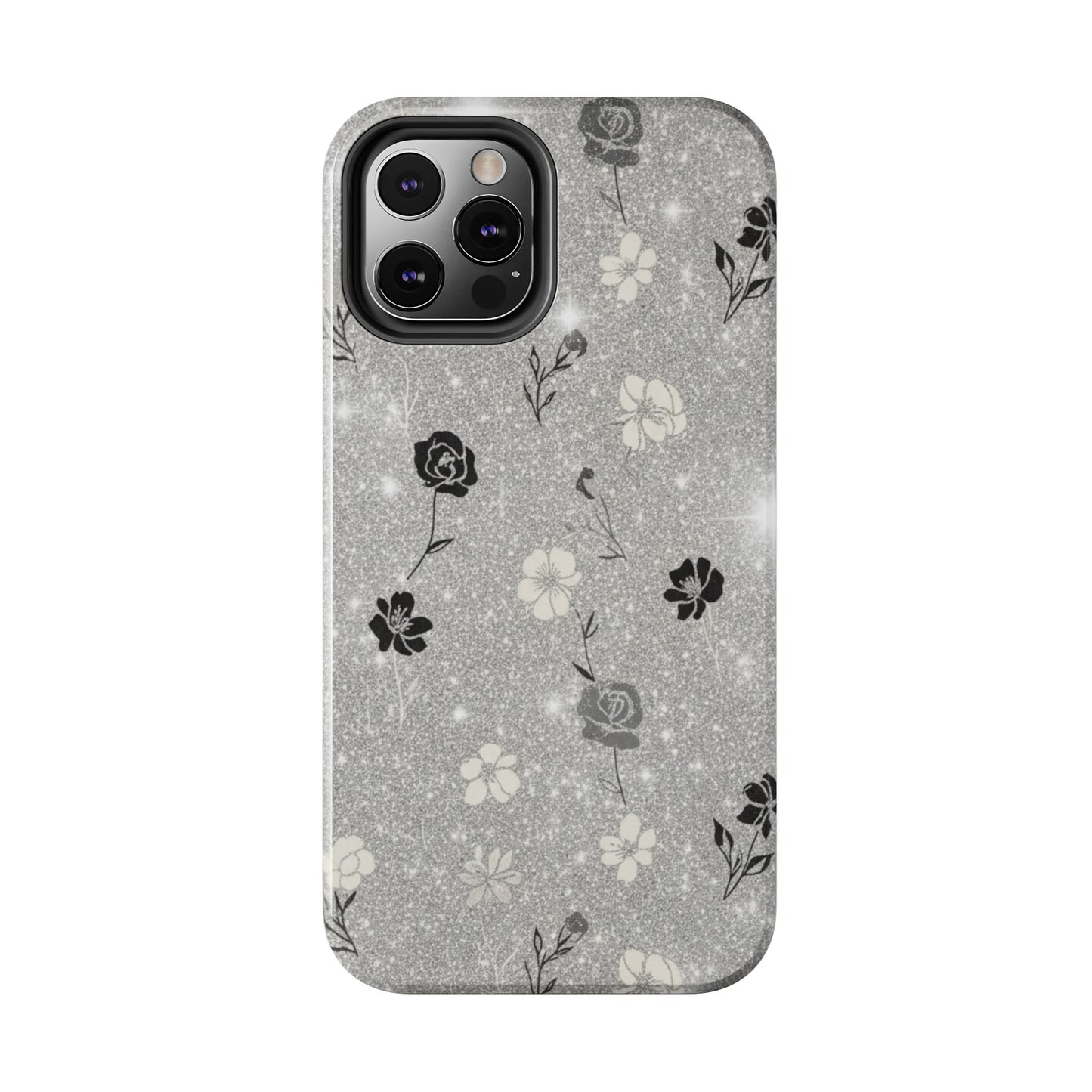 Floral Glitter Tough Phone Case — Black & Silver Vintage Flower Protective Cover