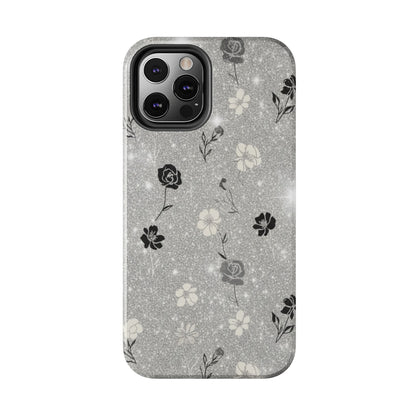 Floral Glitter Tough Phone Case — Black & Silver Vintage Flower Protective Cover