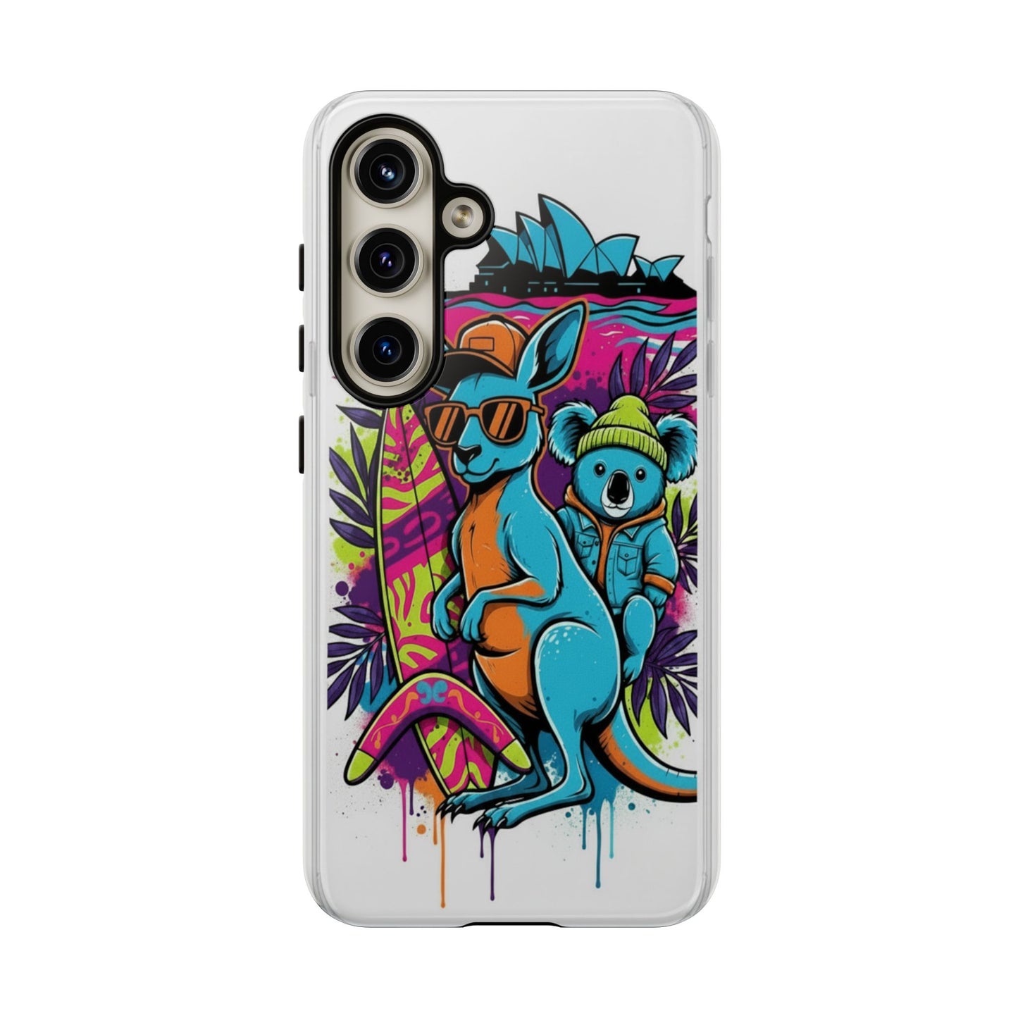 Kangaroo & Koala Surf Phone Case — Retro Neon Beach Art Tough Case
