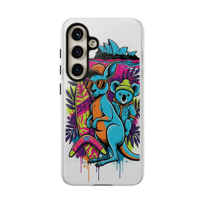 Kangaroo & Koala Surf Phone Case — Retro Neon Beach Art Tough Case