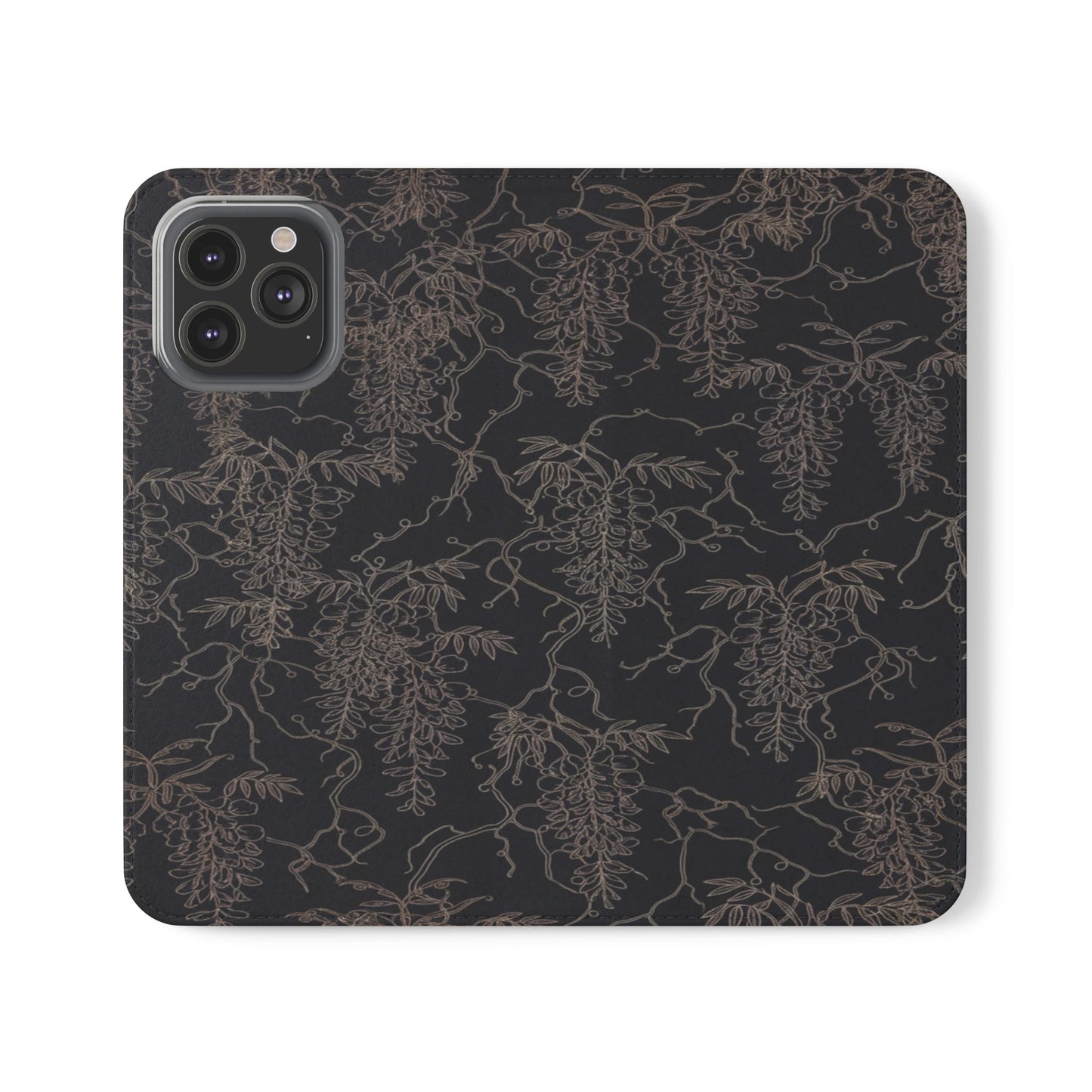 Botanical Noir Flip Phone Case — Dark Floral Wallet Cover with Card Slots