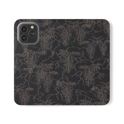 Botanical Noir Flip Phone Case — Dark Floral Wallet Cover with Card Slots