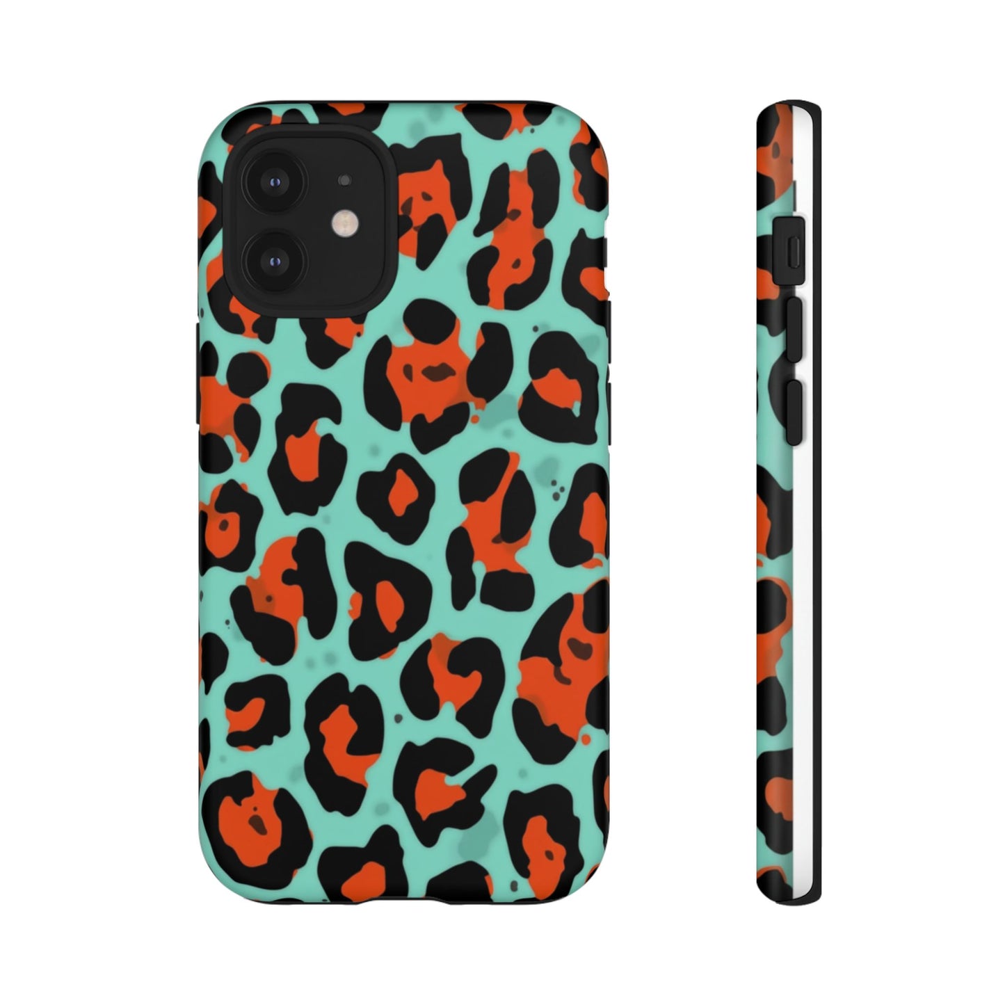Leopard Print Tough Phone Case — Teal & Rust Protective iPhone Cover