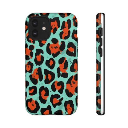 Leopard Print Tough Phone Case — Teal & Rust Protective iPhone Cover