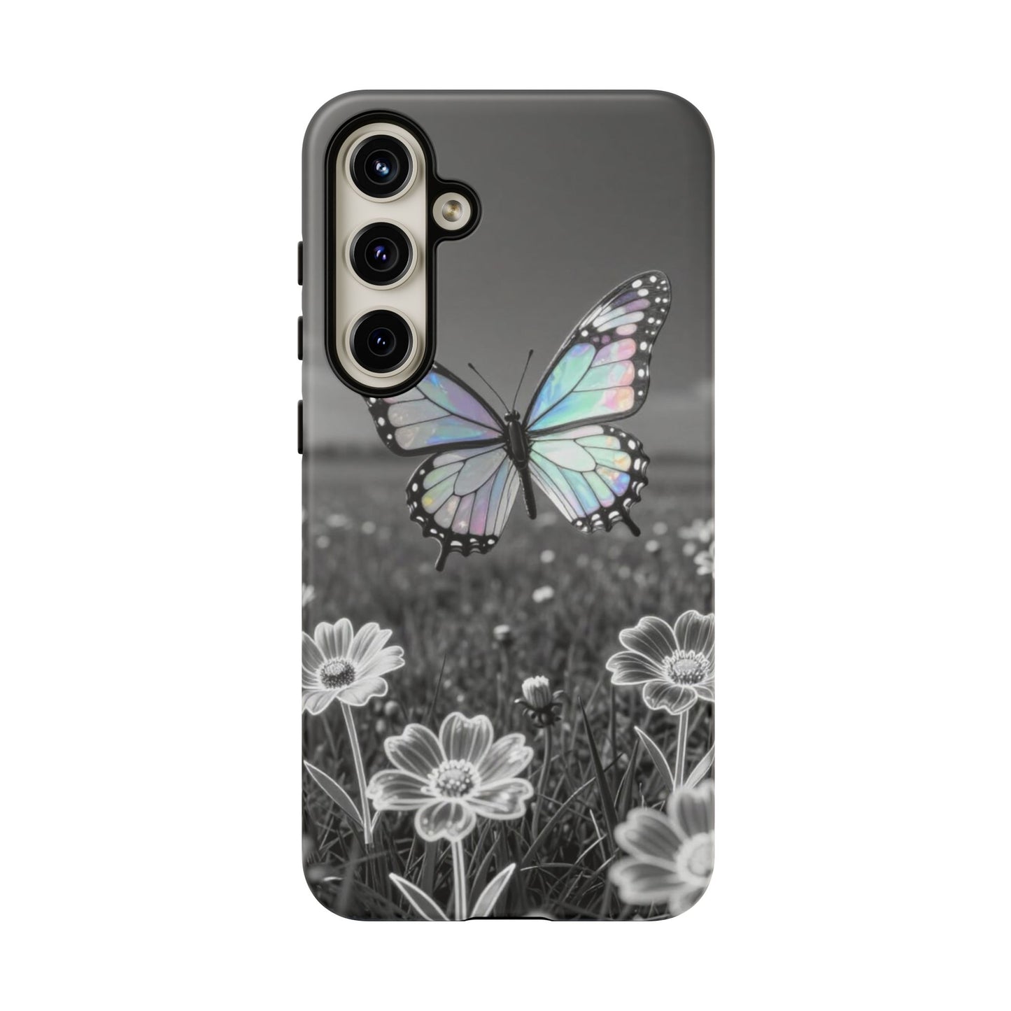 Butterfly Field Tough Phone Case — Pastel Holographic Butterfly on Black & White Floral Background