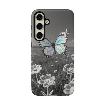 Butterfly Field Tough Phone Case — Pastel Holographic Butterfly on Black & White Floral Background