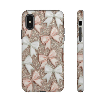 Glitter Bow Tough Phone Case — Pink & White Ribbon Protective Cover