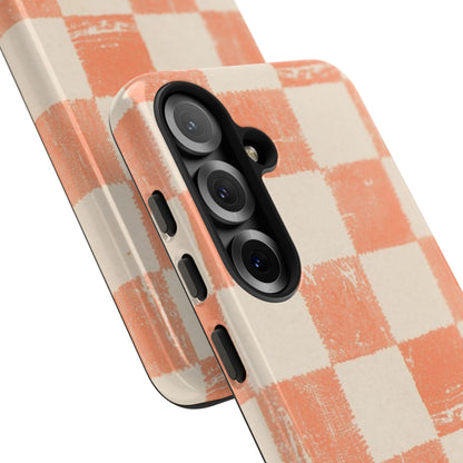 Peach Checkerboard Tough Phone Case — Retro Distressed Grid Design