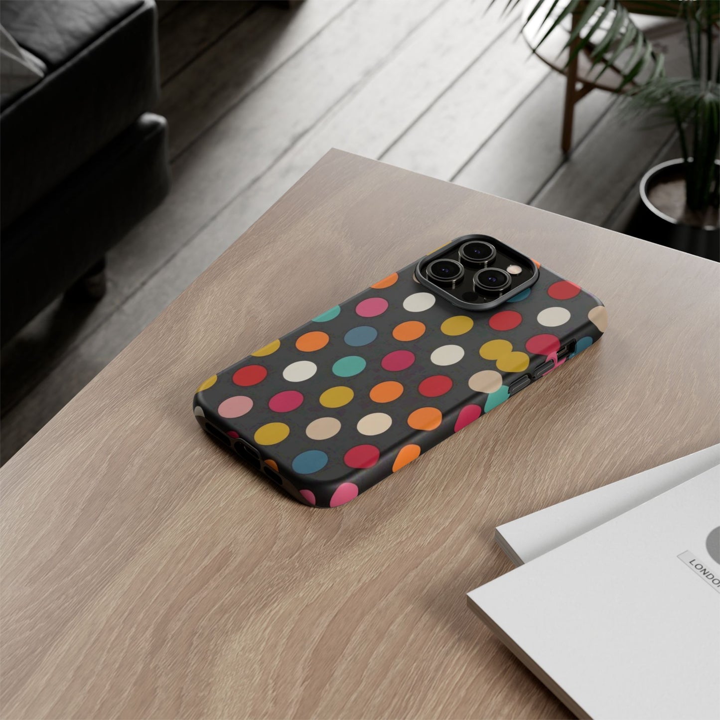 Polka Dot Tough Phone Case – Colorful Retro Dots on Black