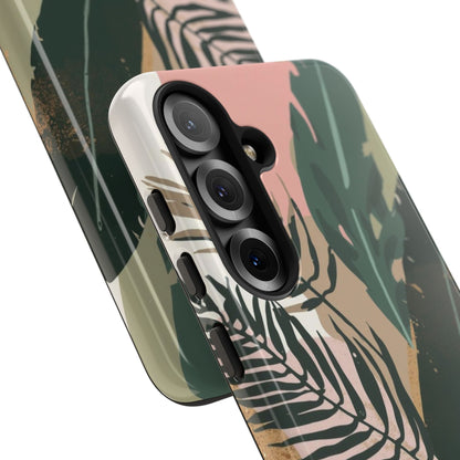 Tropical Leaf Tough Phone Case — Abstract Pink & Green Botanical Protective Cover