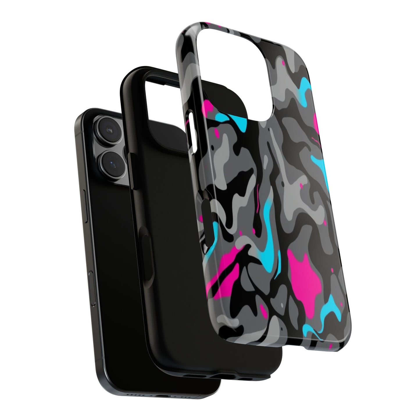 Camouflage Phone Case — Gray Camo with Neon Pink & Cyan Accent Tough Protective Cover