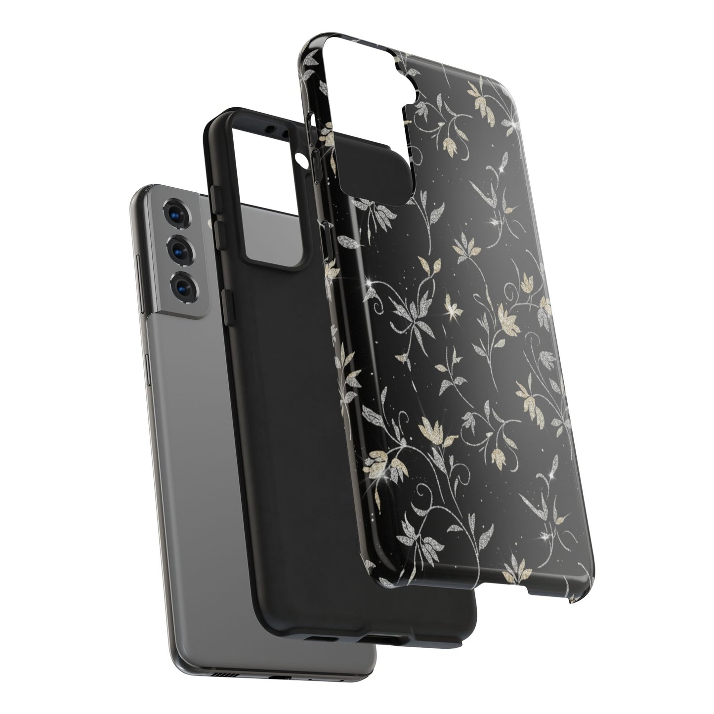 Floral Noir Tough Phone Case — Vintage Black Botanical Protective Cover