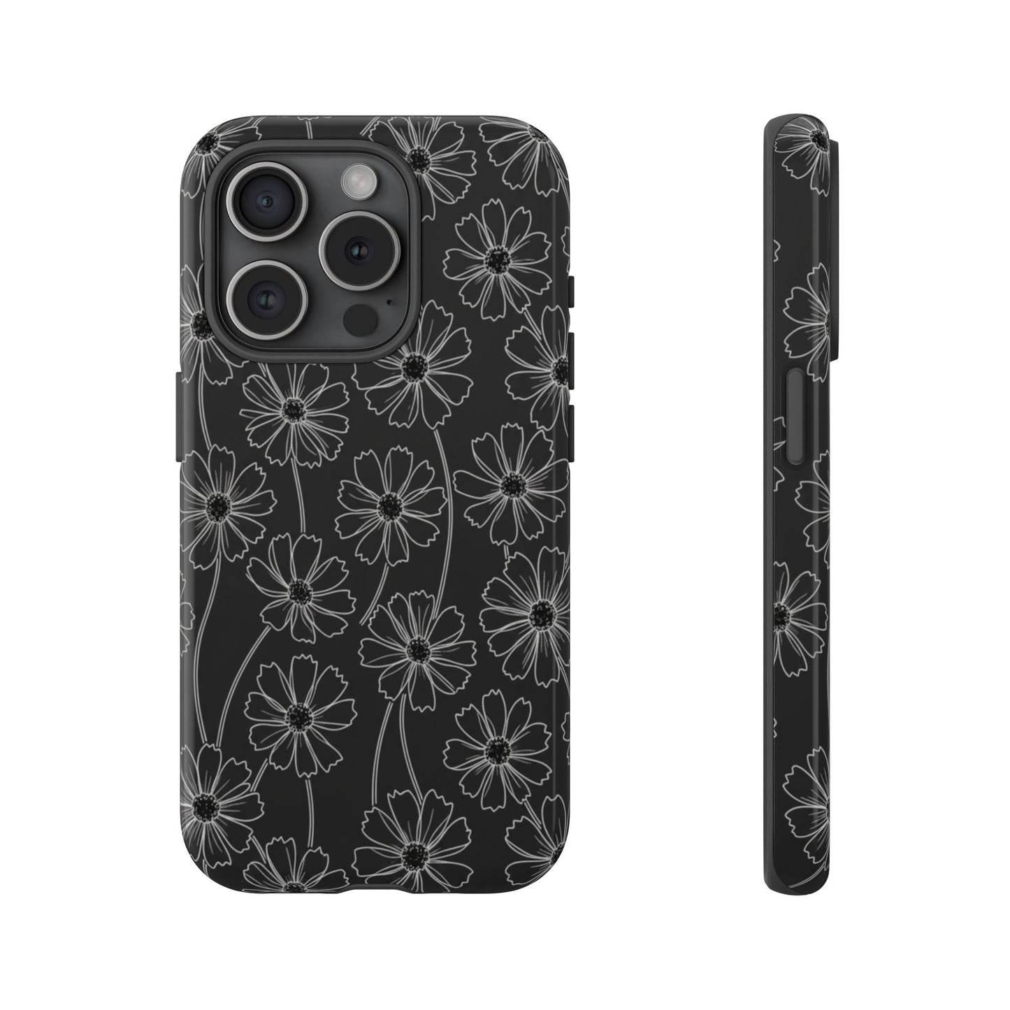 Floral Doodle Tough Phone Case — Black & Gray Daisy Pattern
