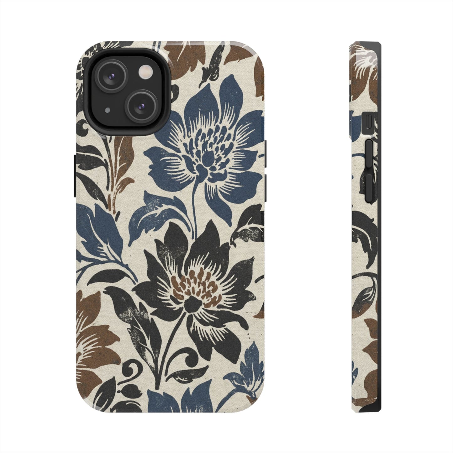 Floral Vintage Tough Phone Case — Blue & Brown Botanical Protection