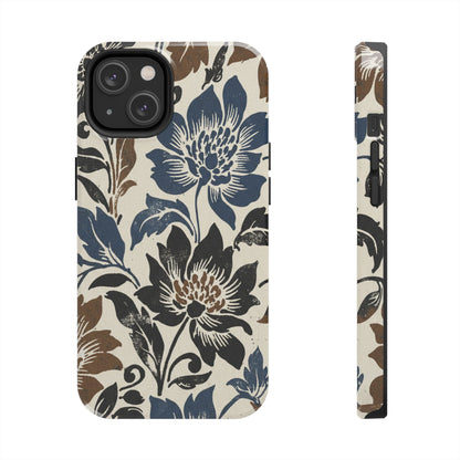 Floral Vintage Tough Phone Case — Blue & Brown Botanical Protection