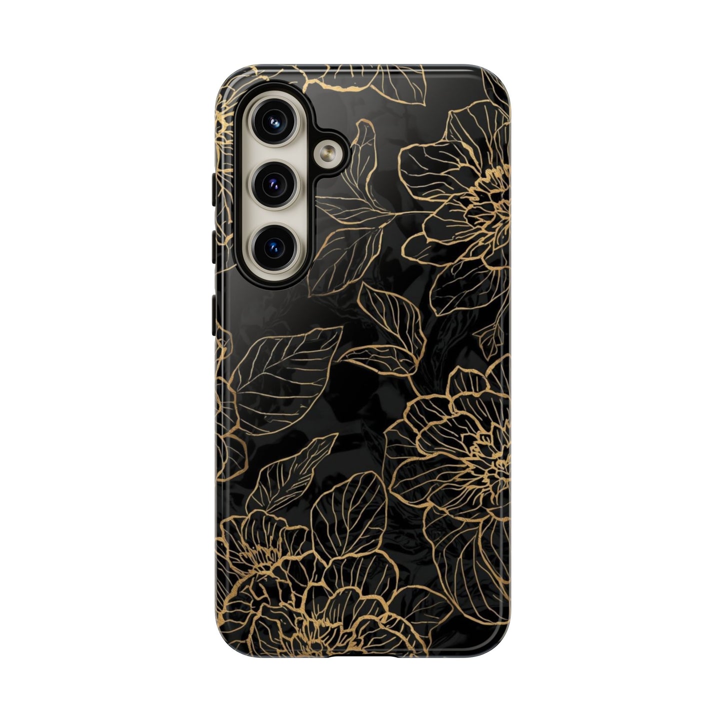 Floral Gold Outline Tough Phone Case – Black Botanical Protective Cover
