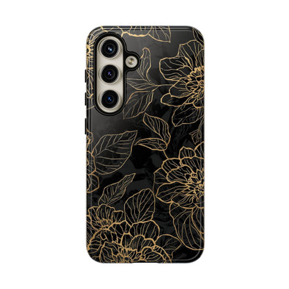Floral Gold Outline Tough Phone Case – Black Botanical Protective Cover