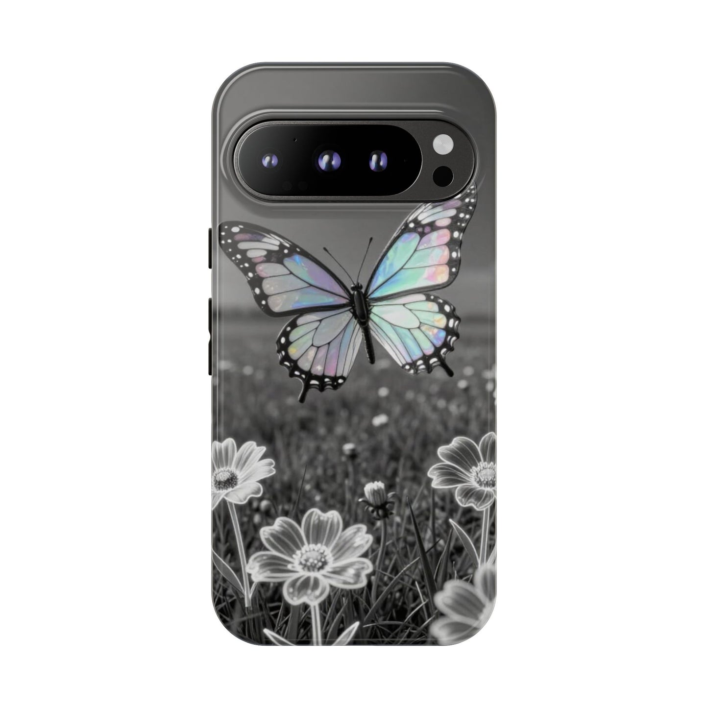 Butterfly Field Tough Phone Case — Pastel Holographic Butterfly on Black & White Floral Background