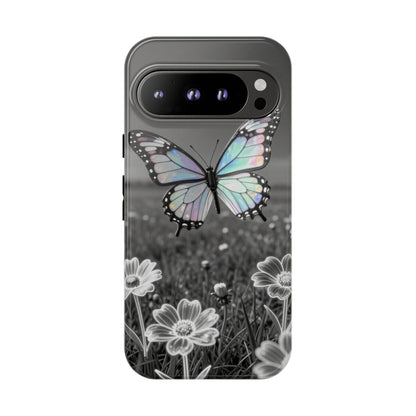 Butterfly Field Tough Phone Case — Pastel Holographic Butterfly on Black & White Floral Background