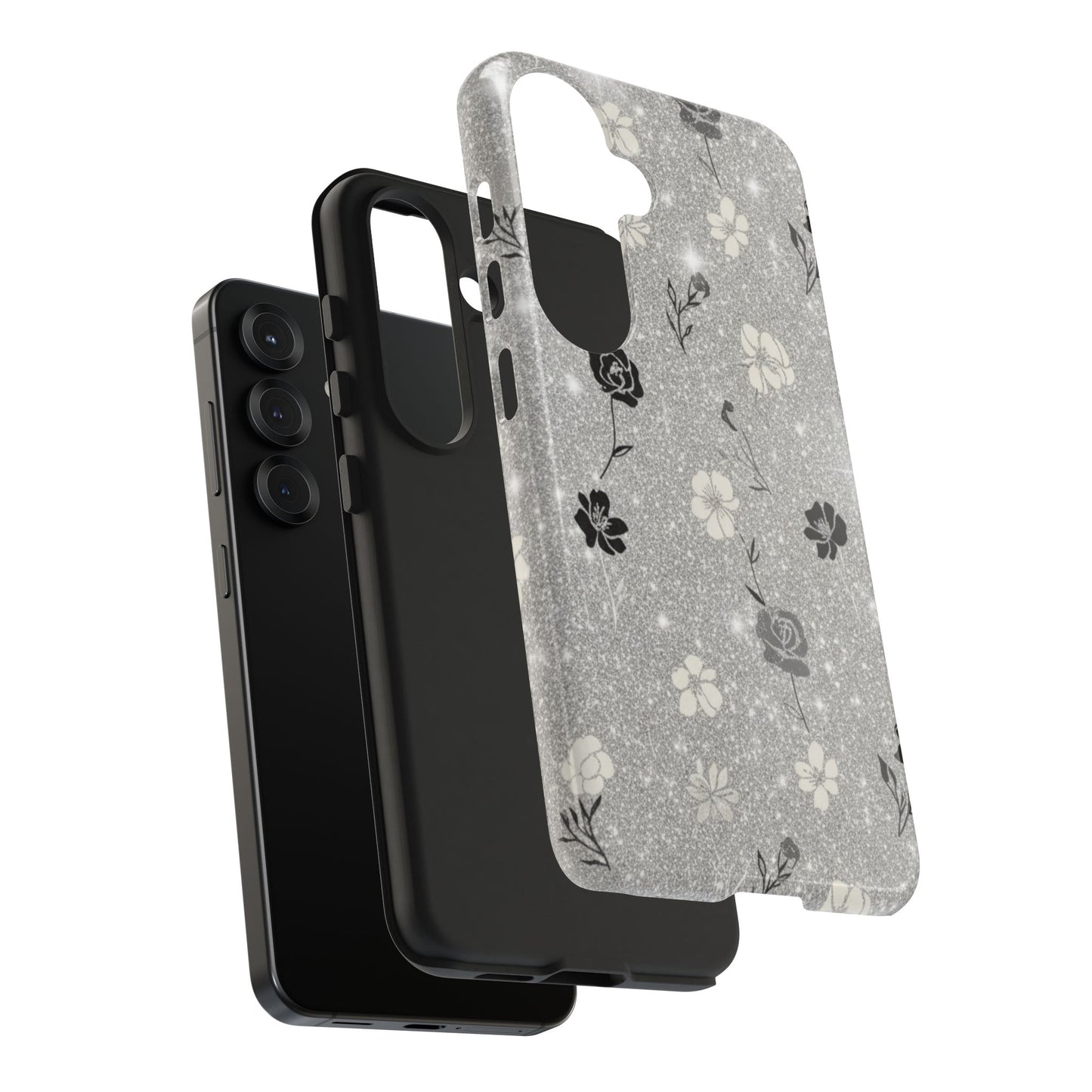 Floral Glitter Tough Phone Case — Black & Silver Vintage Flower Protective Cover