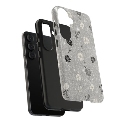 Floral Glitter Tough Phone Case — Black & Silver Vintage Flower Protective Cover