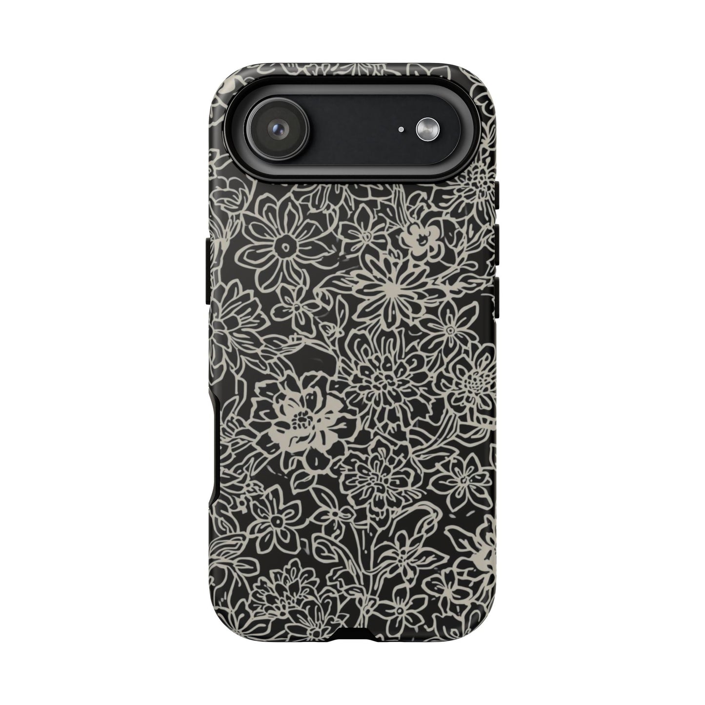 Floral Doodle Tough Phone Case — Black & White Sketch Flower Protective Cover