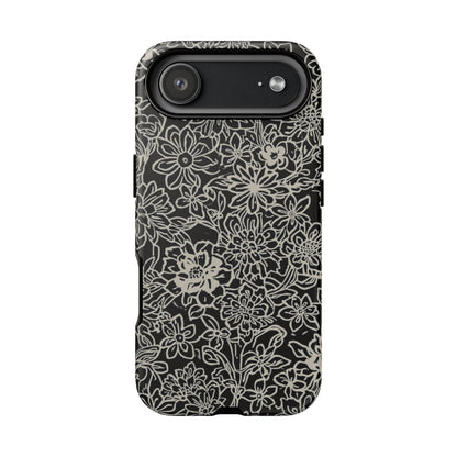 Floral Doodle Tough Phone Case — Black & White Sketch Flower Protective Cover