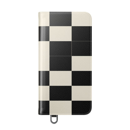 Checkered Flip Phone Case – Black & Cream Retro Grid Wallet Case