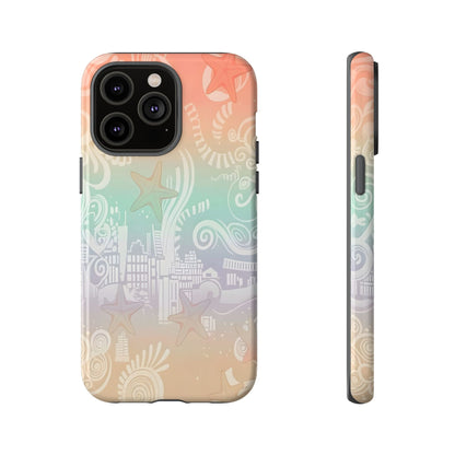 Tough Cases: Pastel Beach Pattern Phone Case — Starfish & Coastal Cityscape Protective Cover