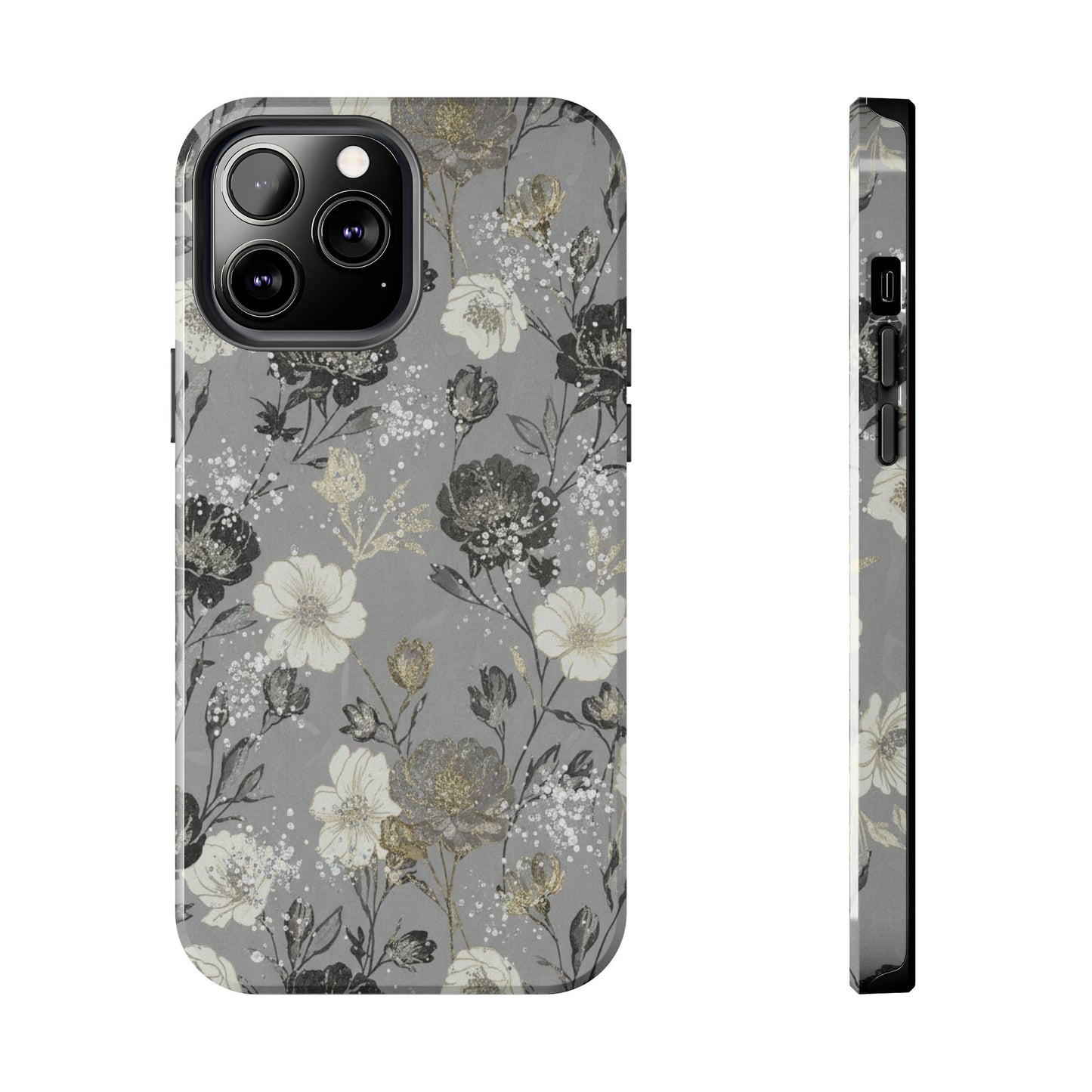 Floral Gray Tough Phone Case — Elegant Protective Phone Cover with Gold Accent