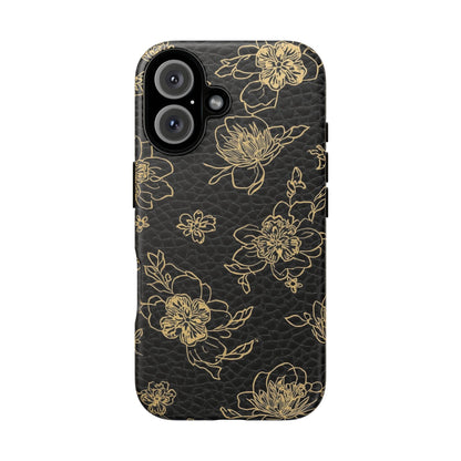 Floral Leather Phone Case — Gold Outline Flowers on Black Tough Case