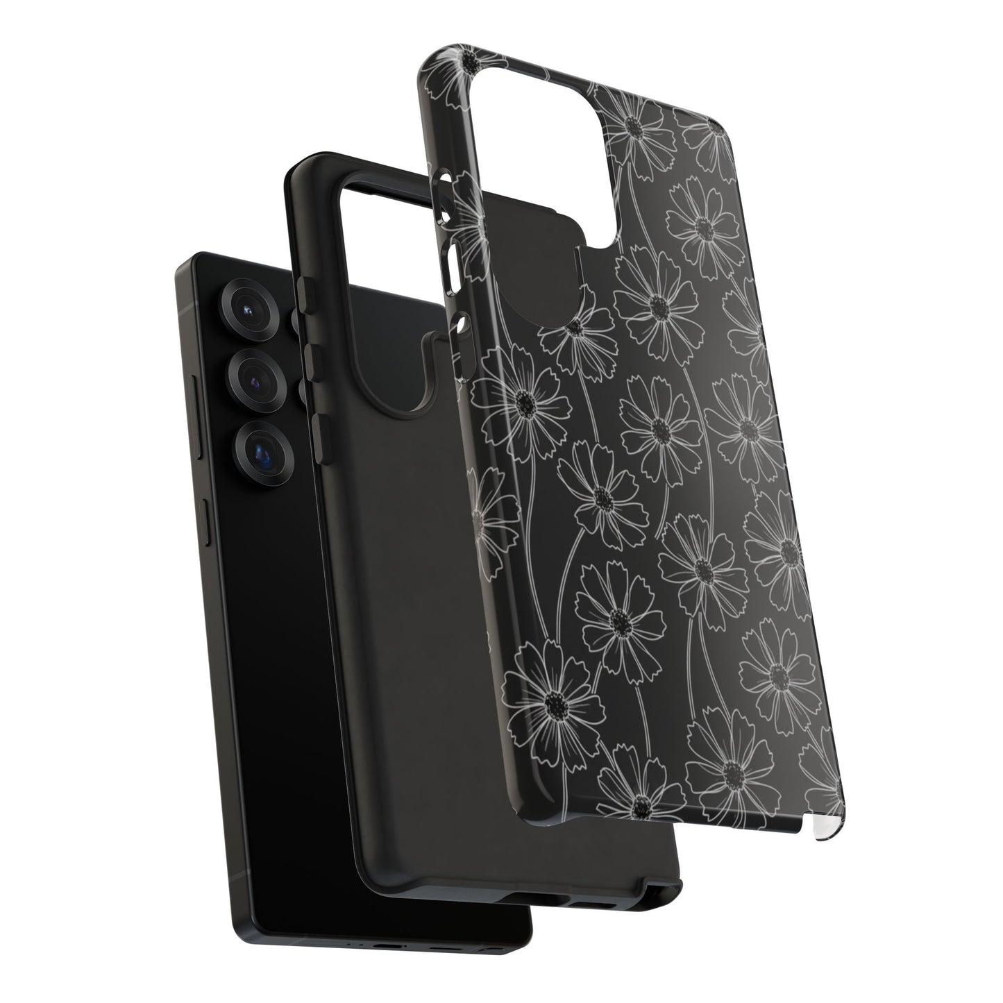 Floral Doodle Tough Phone Case — Black & Gray Daisy Pattern