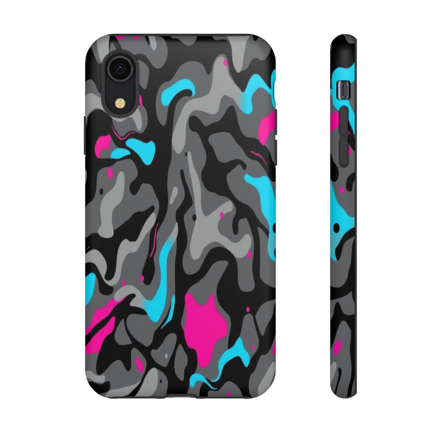 Camouflage Phone Case — Gray Camo with Neon Pink & Cyan Accent Tough Protective Cover