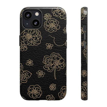 Floral Leather-Texture Tough Case – Black Gold Outline Phone Cover